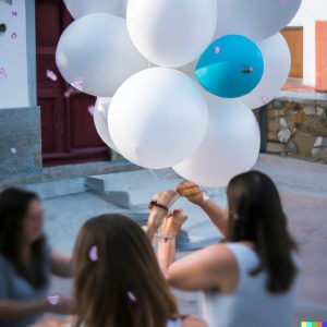 Dos niños montando globos para decoración en un evento especial en Valencia
